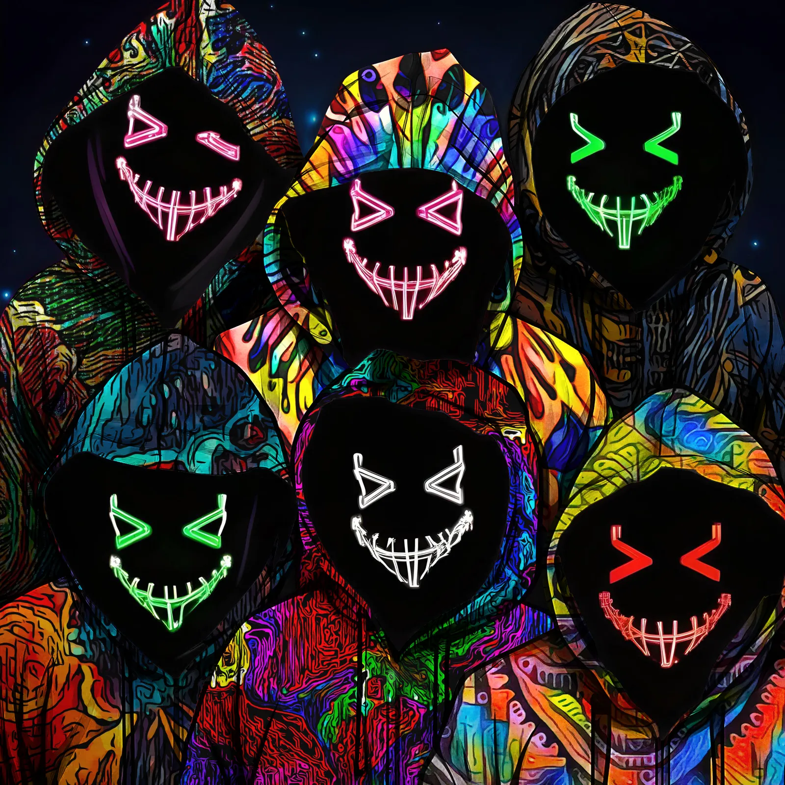 Crew of six figures in colorful psychedelic hoodies wearing glowing grinning neon masks