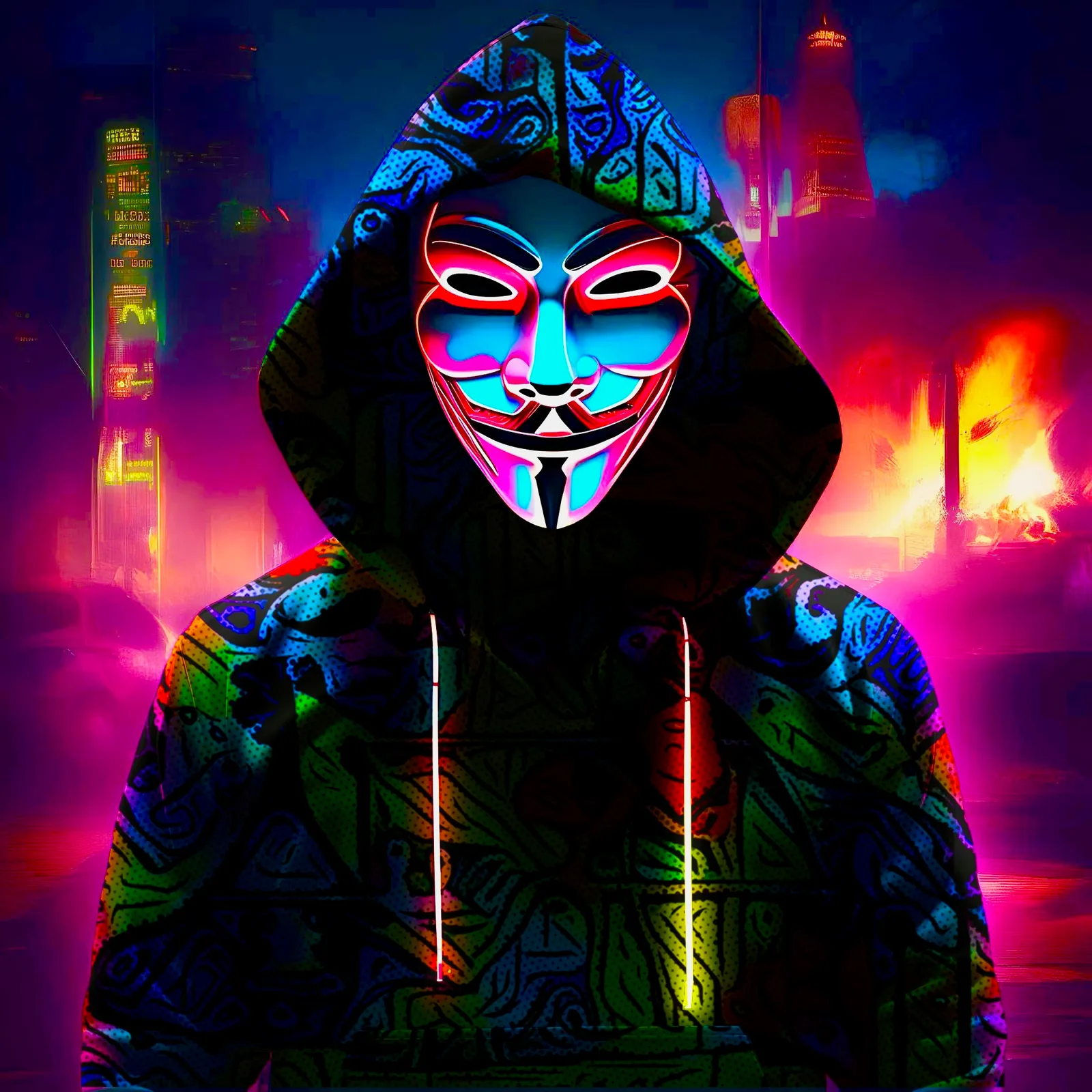 Hooded figure in a vivid psychedelic hoodie with a glowing pink and cyan mask against a fiery neon cityscape