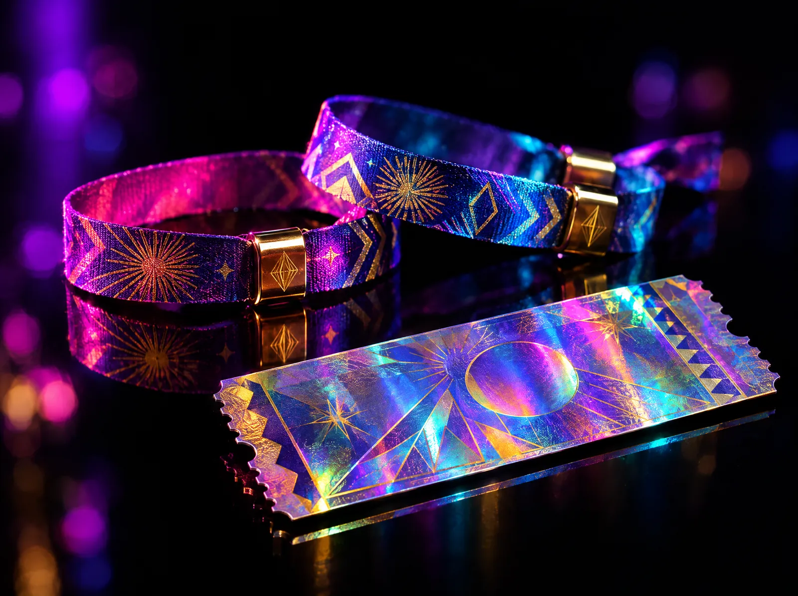 Two glowing festival wristbands with gold clasps beside a holographic festival ticket