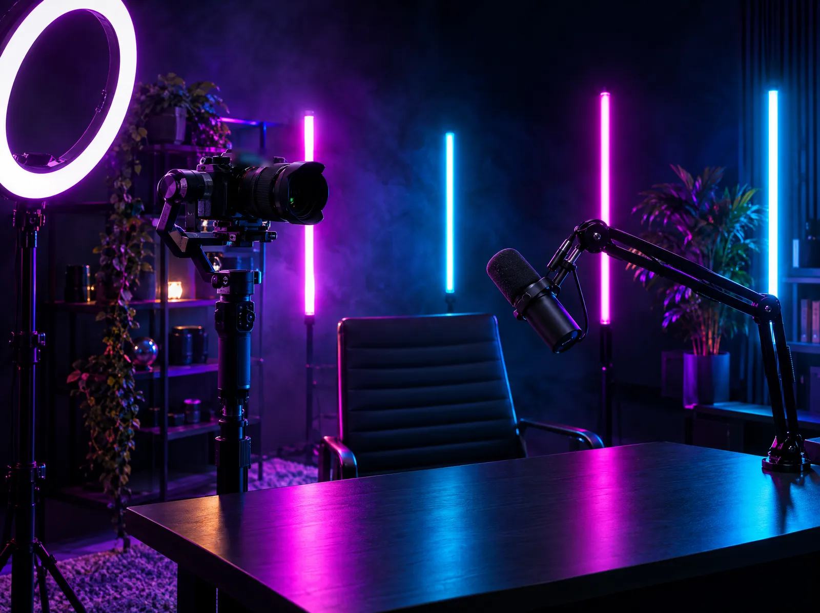 Creator studio at night with a camera on a gimbal, ring light, and purple, pink and cyan LED tubes